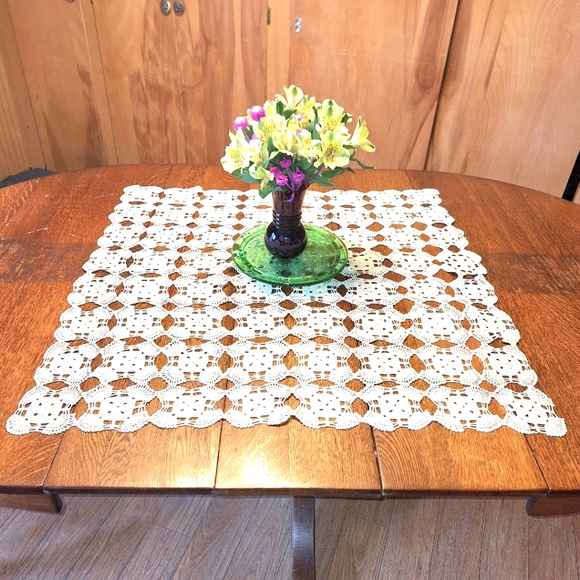Handmade Elegant Creamy Tan Crochet Tablecloth, 33 X 31 - Picture 1 of 8